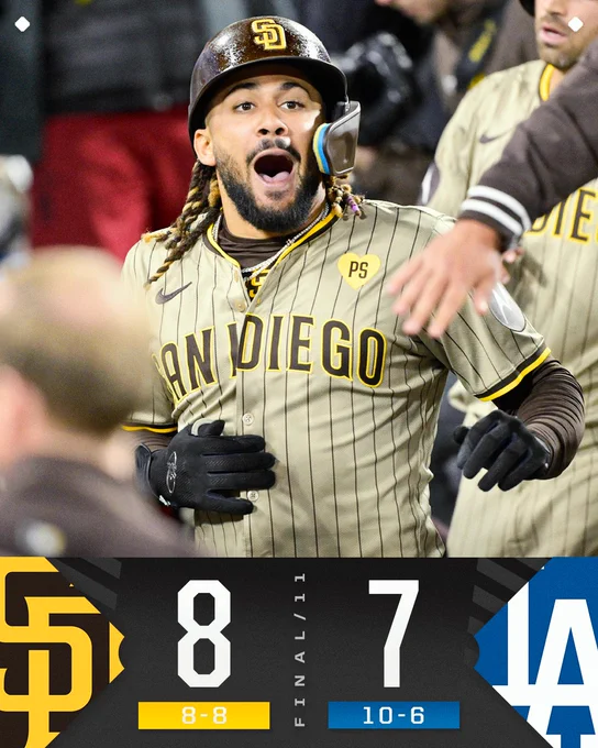 Final Score Graphic (April 12, 2024)
San Diego Padres 8 (8-8) vs. Los Angeles Dodgers 7 (10-6) - 11 innings
Pictured: Fernando Tatis Jr. in a road sand San Diego Padres uniform and brown San Diego Padres helmet.
