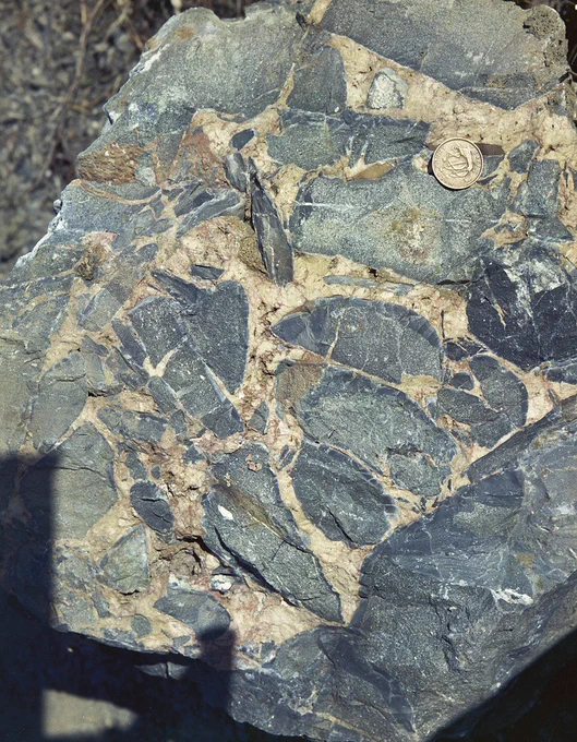 	Conlig Lead Mine - tip heap at North Engine Shaft, loose block. Breccia from Lead Lode. Fragments of Lower Palaeozoic grit cemented by quartz and calcite. Grit rimmed by patina of quartz.