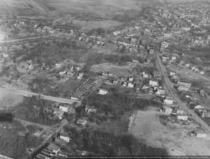 A black and white aerial view of Barry Farm–Hillsdale before construction of the Suitland Parkway and Barry Farm Dwellings. 