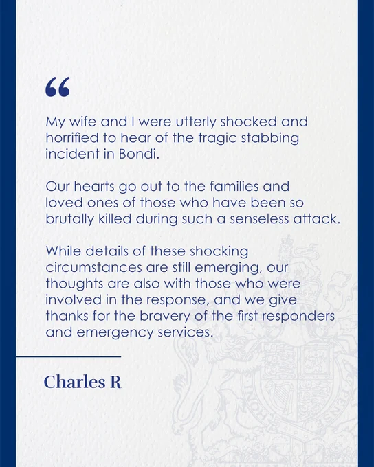 "My wife and I were utterly shocked and horrified to hear of the tragic stabbing incident in Bondi.

Our hearts go out to the families and  loved ones of those who have been so brutally killed during such a senseless attack.

While details of these shocking circumstances are still emerging, our thoughts are also with those who were involved in the response, and we give thanks for the bravery of the first responders and emergency services."