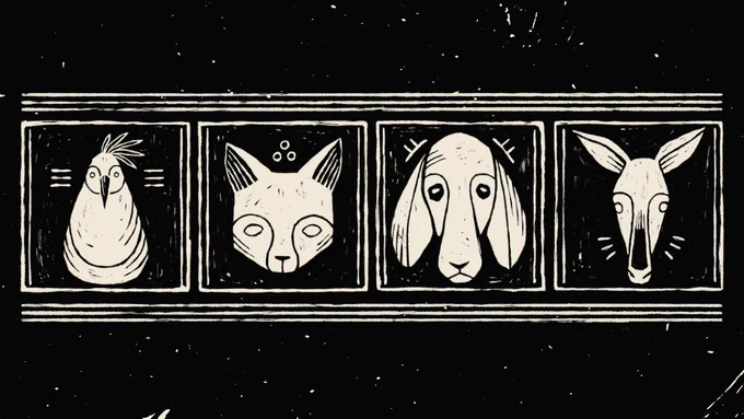Drawn in an iconographic woodcut style, illustrations of four animal heads: a cockerel, a cat, a hound, and a mule. Each icon is inside of a square box, and the boxes are arranged neatly from left to right on the page.