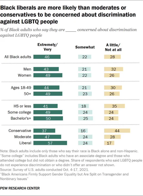 Chart showing the share of Black adults who are extremely/very, somewhat, a little/not at all concerned about discrimination against LGBTQ people 