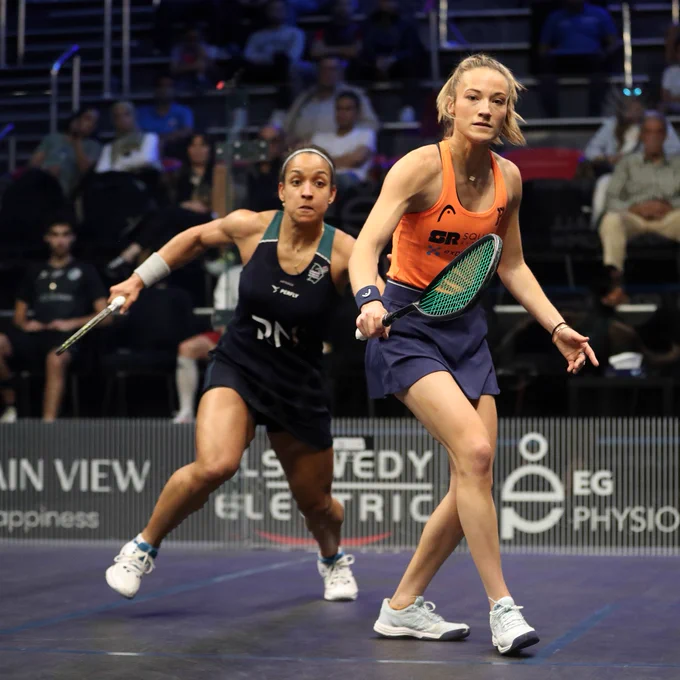 Olivia Weaver and Melissa Alves in action during their round two match at the Black Ball Squash Open