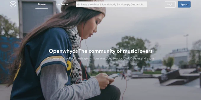 Homepage of Openwhyd.org. The heading reads 'Openwhyd: The community of music lovers' with the subtext 'Discover and collect music gems from Youtube, Soundcloud, Deezer and more'