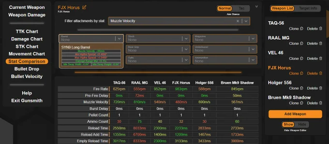 Weapon stat comparison, with an attachment effect filter search function