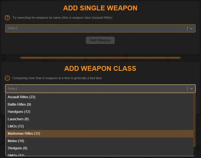 Search for weapons by by name or their category, or just add the entire category! 