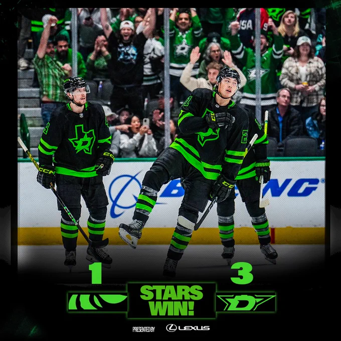 stars win 3-1 over the kraken with a photo of jason robertson celebrating a goal