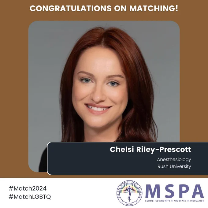 A brown graphic says congratulations on matching across the top in all caps white text. At the bottom is a white stripe with the hashtags Match2024 and MatchLGBTQ on one side and the MSPA logo on the other. In the center is a picture of a smiling person with pale skin, blue eyes, straight, shoulder-length dark red hair.