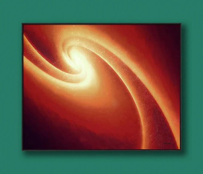 Shown on a dark-green wall: abstract art from contemporary artist/photographer Jon Woodhams. The art, while non-representational, hints at space with two swooshes swirling toward a bright spot, reminiscent of a galaxy or other space phenomenon. The colors are warm tones of red, orange, and yellow. 