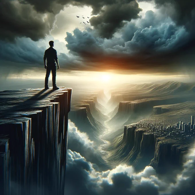 Determined young man stands on a precipice facing a tumultuous landscape below, the stormy skies above him reflect the fierce urgency and desperation of one who knows that in the face of adversity, the only way out is through. With the city in the distance representing the conquest of dreams, his silhouette against the breaking dawn is the embodiment of the pivotal moment where great risks must be taken for even greater rewards.