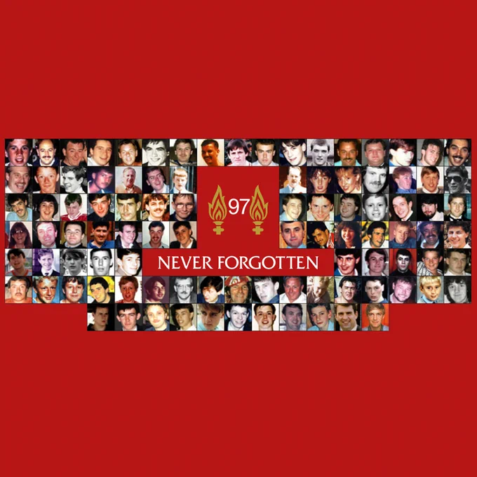 An image showing the 97 supporters who lost their lives in the Hillsborough tragedy, with 97 and Never Forgotten written in text. 