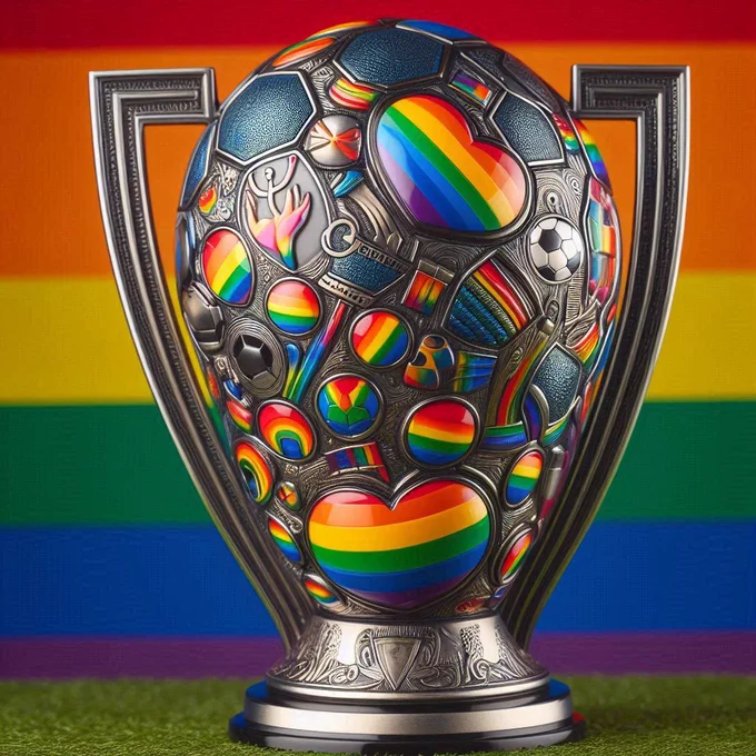 Trophy with images of rainbows, hearts and footballs