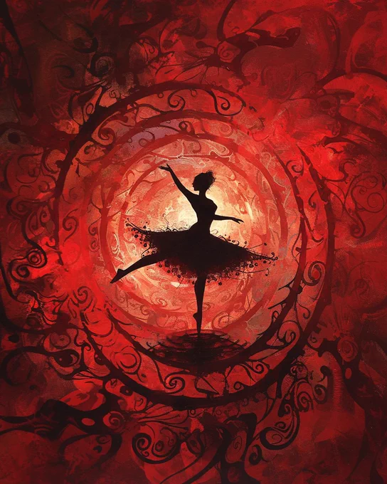 The spirited dancer in 'Vibrant Vortex', swirling within a kaleidoscope of passion red vivid colors and shifting patterns, as they merge into a mesmerizing, hypnotic dance of shapes, energies, and hues --ar 4:5 --style raw --niji 6 --s 500