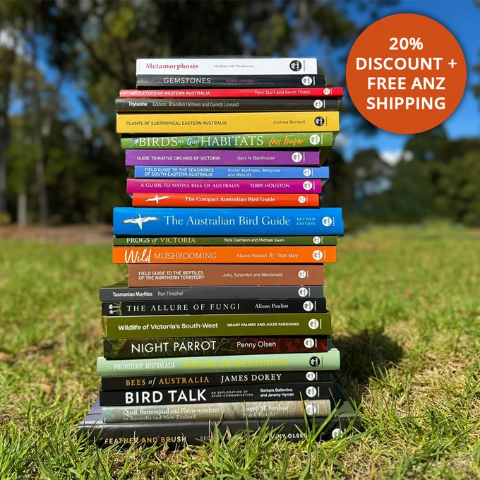 A large stack of books from the Nature catalogue, covering wildlife guide, plants guides and natural history books. An orange bubble at the top right of the image reads '20% discount plus free ANZ shipping'.