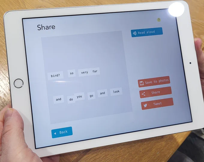 Ipad app showing word tiles arranged on a screen to say "bird? So very far / and do you go and look"