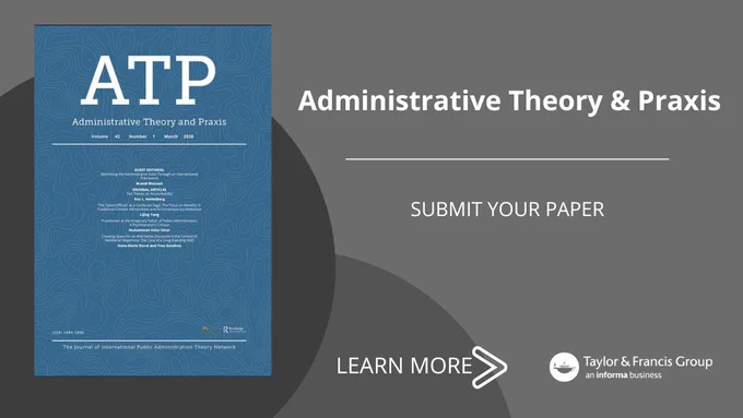 ATP journal banner with cover and text "Administrative Theory & Praxis. Submit your paper. Learn more" and an arrow pointing at the T&F logo.