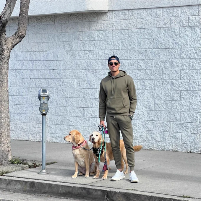 Random street in Michigan, light colored cinderblock wall in background, standing beside a parking meter and a tree. Two Golden Retriever woofs, one really old, and a tall Two Legs in a Warder green jogging suit, baseball cap 🧢 on backwards and aviator sunglasses. awoo.