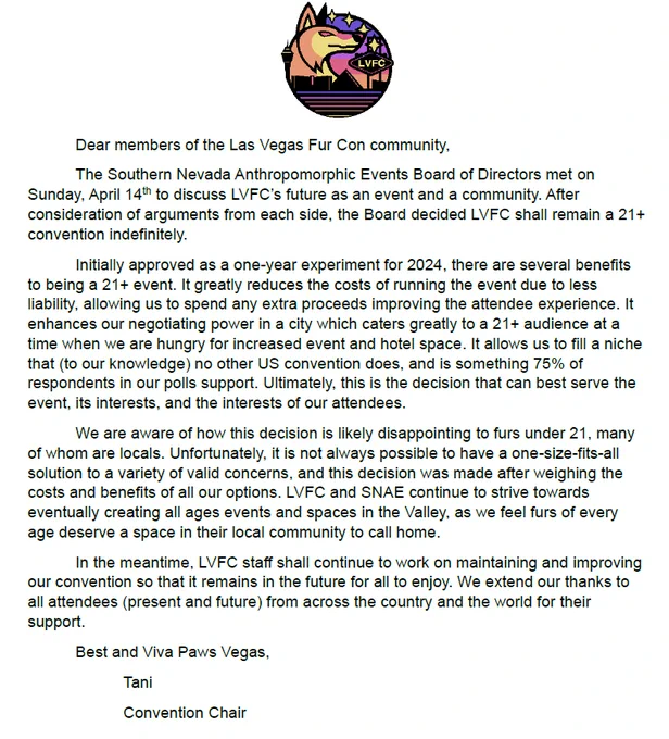 Statement from the LVFC Chair regarding LVFC remaining 21 plus going forward.
