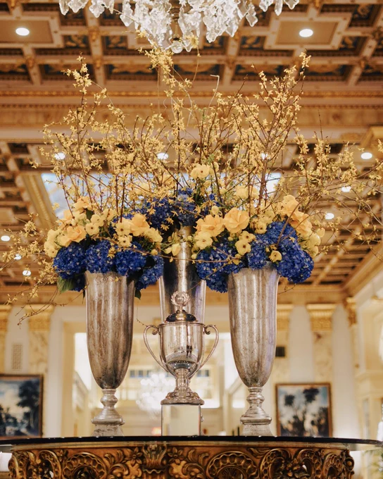 Boston Marathon trophy on display at the Fairmont Copley Plaza