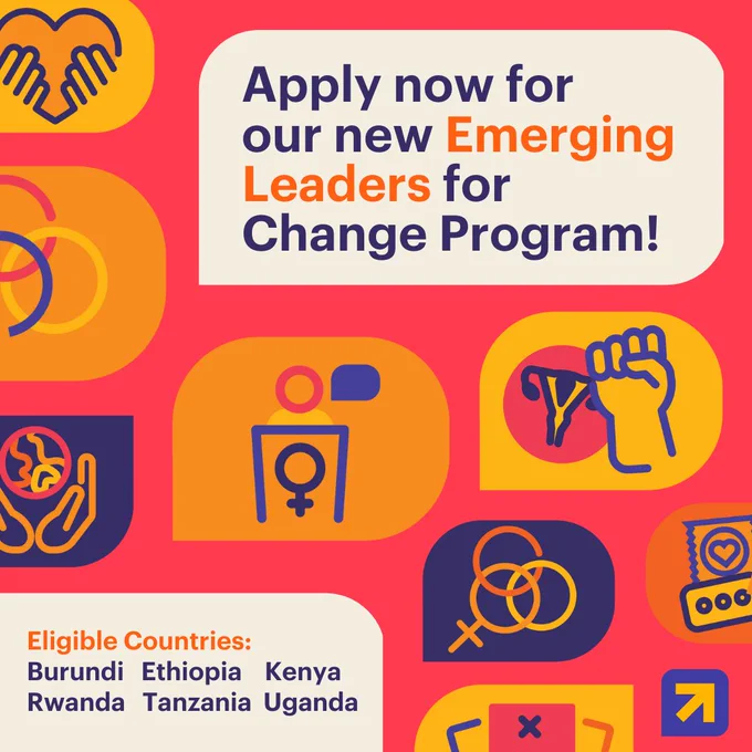 Graphic with red coral background. There are icons in a mix of indigo, orange, purple, and yellow colors representing advocacy, leadership, reproductive justice, and more. Women Deliver's arrow logo is on the lower right corner. The text says: Apply now for Women Deliver’s new Emerging Leaders for Change Program! Eligible countries: Burundi Ethiopia Kenya Rwanda Tanzania Uganda