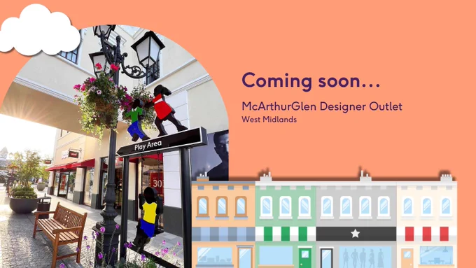 A orange graphic with a photo of the outlet village and text reading "coming soon"