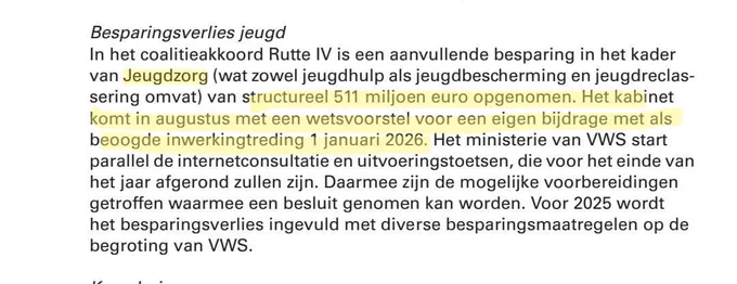 Tekst uit de voorjaarsnota, getiteld Besparingsverlies jeugd. Met daaronder in beleidstaal wat ik in de tweet zet.