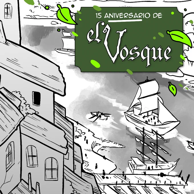 Fragmento de una viñeta donde se ven algunas casas y barcos bajo un rótulo verde que pone '15 aniversario de El Vosque'