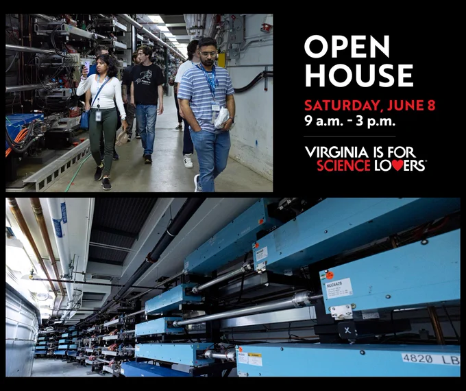 A collage flyer for the Jefferson Lab 2024 Open House with two underground accelerator tunnels at Jefferson Lab. 