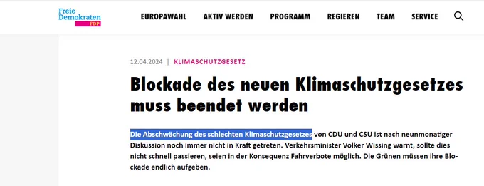 Blockade des neuen KSG muss beendet werden, sagt FDP. "Die Abschwächung des KSG .. Ist immer noch nicht in Kraft getreten".