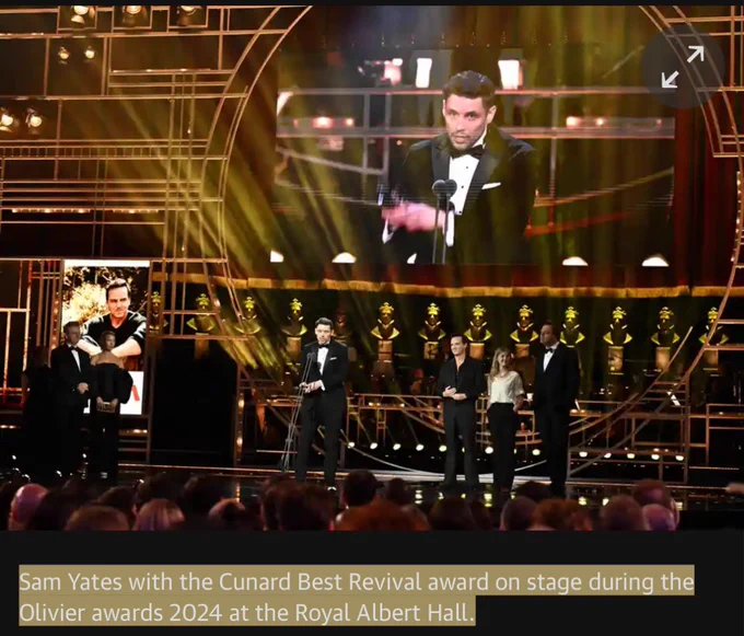 Sam Yates with the Cunard Best Revival award on stage during the Olivier awards 2024 at the Royal Albert Hall