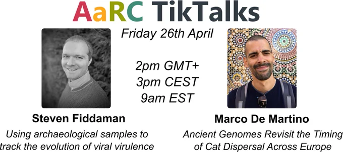 Poster presenting the AaRC Tik Talks. Photos fo Steven Fiddaman and Marco de Martino and the date and hour of the seminar: 26th of April at 2pm London time. 
