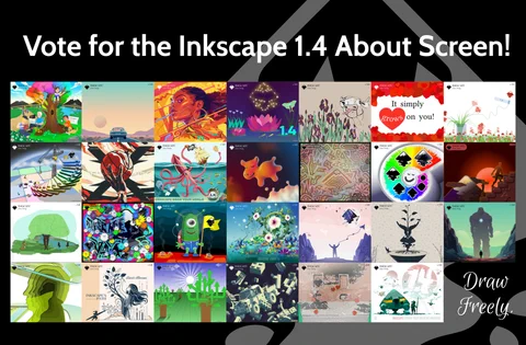 Image of the 27 validated entries for the About Screen Contest. Text: Vote for the Inkscape 1.4 About Screen! Draw Freely.