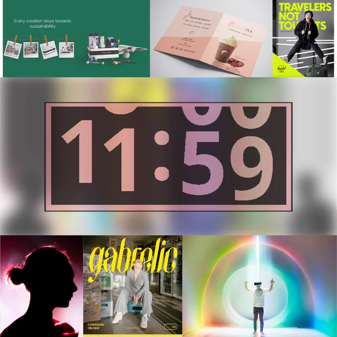 -A Sephora Ad with green background and a row of photos clipped on a string. At the right side are products inside a Sephora box and at the bottom are make-up brushes. A text reads "Every creation steps towards sustainability". 
-A menu/ Brochure with pink tones and a coffee drink with whipped cream at the center. The Ad is for Galatea, a coffee and tea shop. 
-A Herschel ad with neon green colours and white stripes, and the model wearing a black hoodie at the center. The model is sitting on the luggage with a surprised look on her face. 
-A silloute of a woman with her hair tied in a bun, the back light is reddish pink. 
-A poster layout that says "Gabrelic" and a woman posing while sitting on a blue chair is at the center. She is wearing a gray pantsuit inside a convenience store.  
-A man wearing a white shirt and jeans, and on his head is a VR headset. Around him is an explosion of rainbow lights in a circular pattern. 

In the middle of all the artworks is the 11:59 logo.