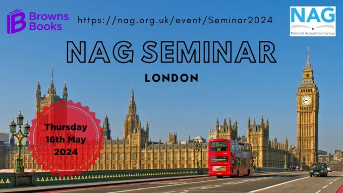 NAG Seminar London, with URL from tweet over London image with Big Ben and a red London bus, 16th May on a sticker plus Browns Books and NAG logos.