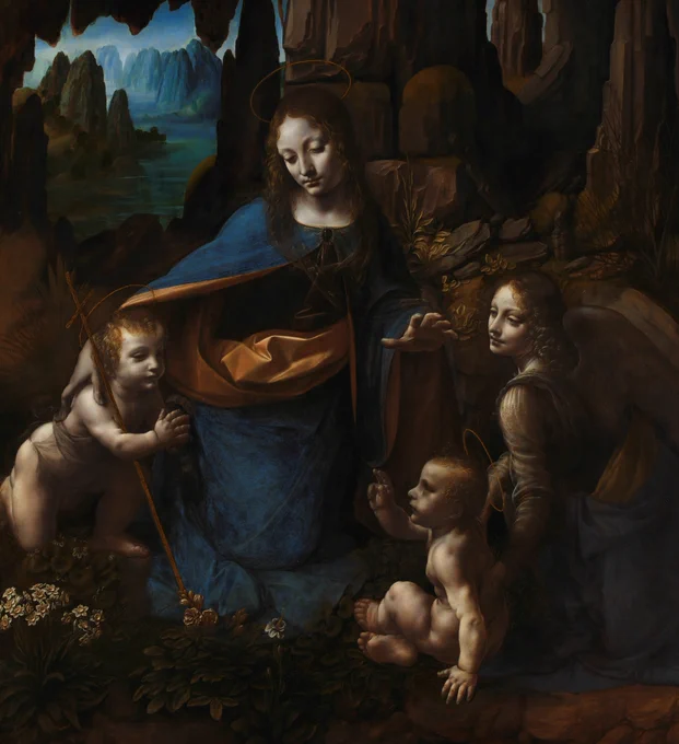 'The Virgin of the Rocks' Leonardo da Vinci, about 1491/2-9 and 1506-8. The Virgin Mary with Saint John the Baptist, Christ’s cousin, and an angel. All kneel to adore the infant Christ, who in turn raises his hand to bless them. They are crowded in a grotto overhung with rocks and dense with vegetation.