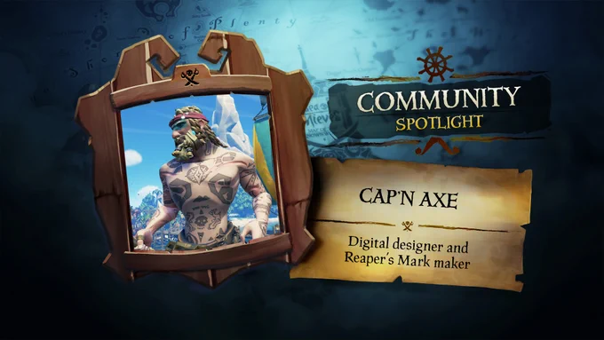 A framed picture of a shirtless male pirate sporting a lot of tattoos. Text reads "Community Spotlight. Cap'n Axe: digital designer and Reaper's Mark maker".