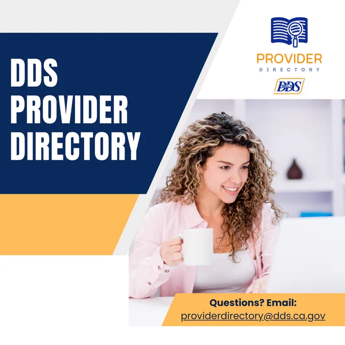 Image of a woman smiling looking at her lap top. DDS Provider Directory. Questions? Email: providerdirectory@dds.ca.gov