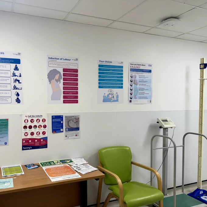 Posters encouraging conversations around choice and personal care planning. Scales could be in a more private space.