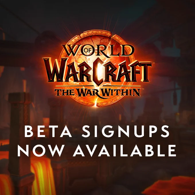 An image of The War Within logo and large text that reads “Beta Signups Now Available”. The logo is a departure from previous expansion logo designs, with the familiar “World of Warcraft – The War Within” font appearing in black over a crumbling circle of titanic runes around a cracking image of the planet Azeroth. The background is filled with a dim view of The Wringing Deeps, a new underground zone coming with The War Within. Streams and waterfalls of glowing orange lava can be seen below columns and beams of Earthen architecture. 