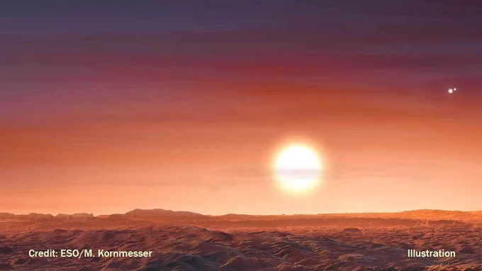 An artist's concept depicts the imagined view from the surface of a terrestrial exoplanet. The surface is rocky with hills or mountains on the horizon. The shy is dusky with one large star low on the horizon, with two other stars in sky, higher and farther away. It is labeled Illustration and the credit is ESO.