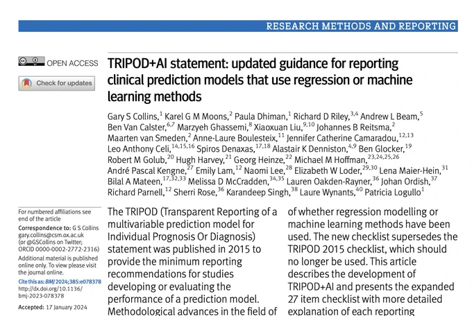 Screenshot of a new paper published in the BMJ "TRIPOD AI statement: updated guidance for reporting clinical prediction models that use regression or machine learning methods"