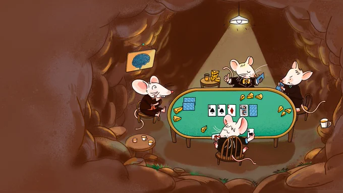 Four mice sitting around a poker table in a cave, dealing in playing cards and cheeses. On the wall is an image of a human brain.