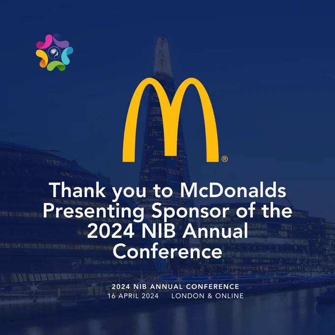 An image with a blue background with the Neurodiversity in Business Logo and in white text ‘Thank you to McDonalds, Presenting Sponsor of the 2024 NiB Annual Conference’.