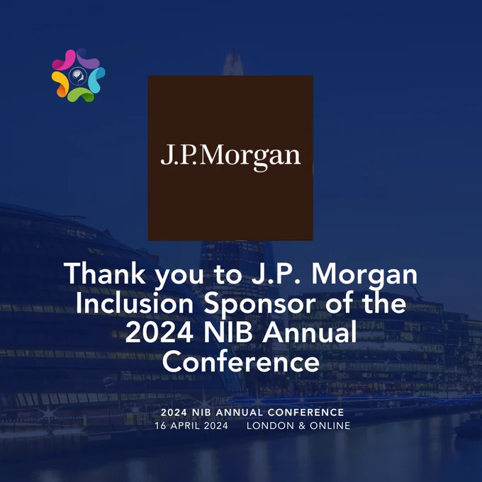 An image with a blue background with the Neurodiversity in Business Logo and in white text ‘Thank you to JP Morgan, Inclusion Sponsor of the 2024 NiB Annual Conference’.