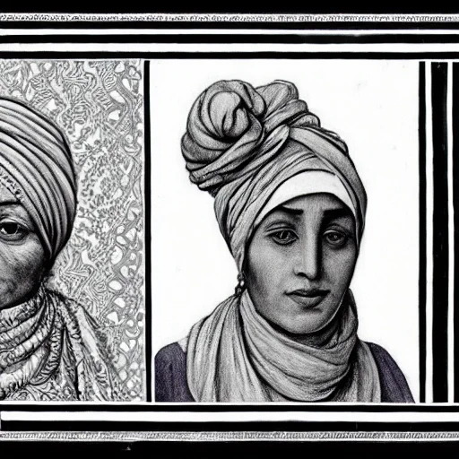 DeepAI generated image in ‘surreal’ style. Prompt text is the titles of the papers in this panel: ‘Sikh Heritage in Colonial Collections - “Woman in a headscarf”: new approaches to the archive of the British Institute for Libyan and Northern African Studies’. Generated April 2024. A grayscale illustration of two framed panels which each features a portrait of a person in a headscarf. We can see the complete portrait of the image shown right-centre, but we can only see half of the face of the person on the left hand side.