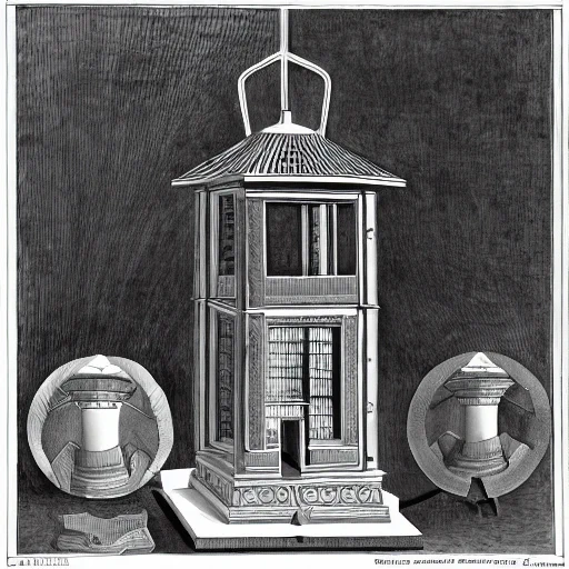 DeepAI generated image in ‘surreal’ style. Prompt text is paper titles from this panel of speakers: ‘Digital Editing, Material Culture and the Production of Geographical Knowledge, Livingstone’s Lantern in a New Light: Perspectives in Photogrammetry’, ‘Ethical Community Engagement in the Digitization of Cultural Heritage: Strategies, Challenges, and Procedural Guidelines’. Generated April 2024. A black and white drawing of a lantern which has what appears to be a front door and lined with books inside. There are two smaller objects to either side of the lantern which look like mushroom-shaped lanterns encased in circles. 