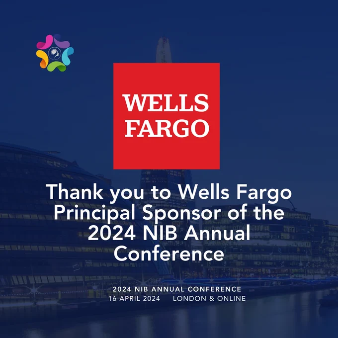 An image with a blue background with the Neurodiversity in Business Logo and in white text ‘Thank you to Wells Fargo, Principal Sponsor of the 2024 NiB Annual Conference’.