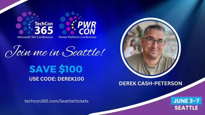 Derek's speaker banner for TechCon365. Banner includes some event details, discount code, and his image. 