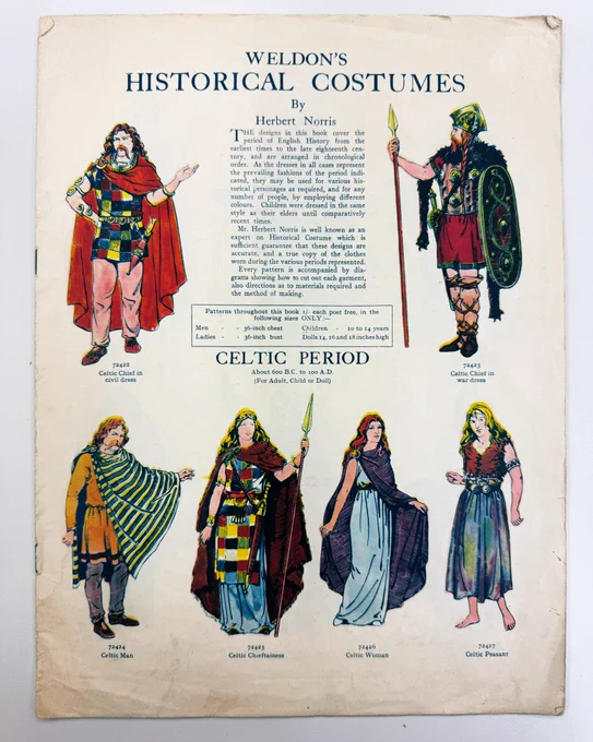Cover of brochure showing historical fancy dress. This page shows Celtic period clothing and had people in capes. The women wearing long skirts and the men wearing beards